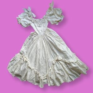 80s Vintage Ivory Cream Wedding Gown Puff Sleeve Formal Maxi Dress Romantic XS